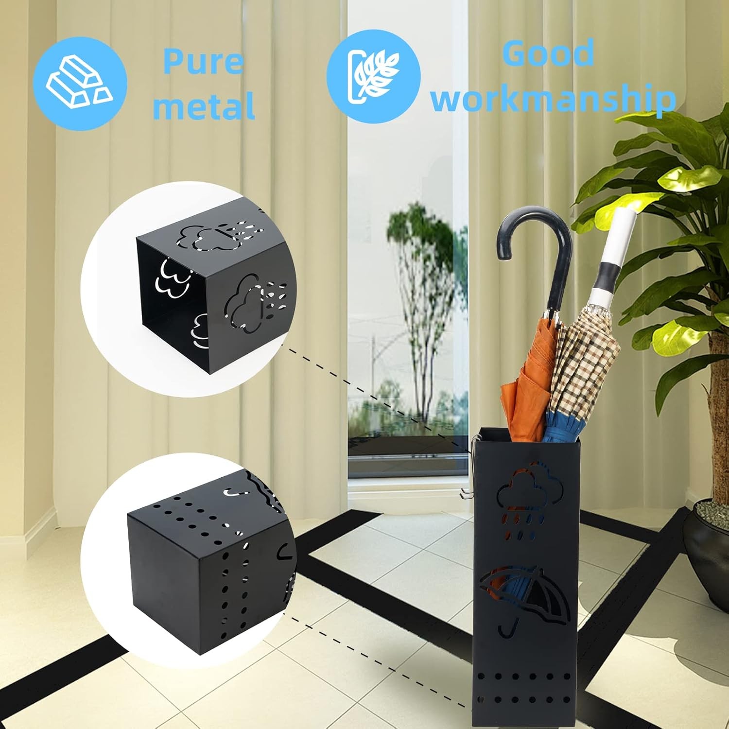 Umbrella Stand Rack for Entryway, Black Square Metal Umbrella Holder, Free Stand