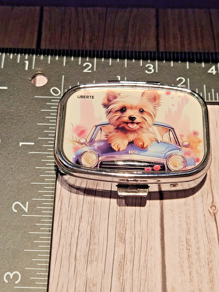 Yorkie Pill Box 2 Compartment Silver Tone Rectangular New Yorkshire Terrier