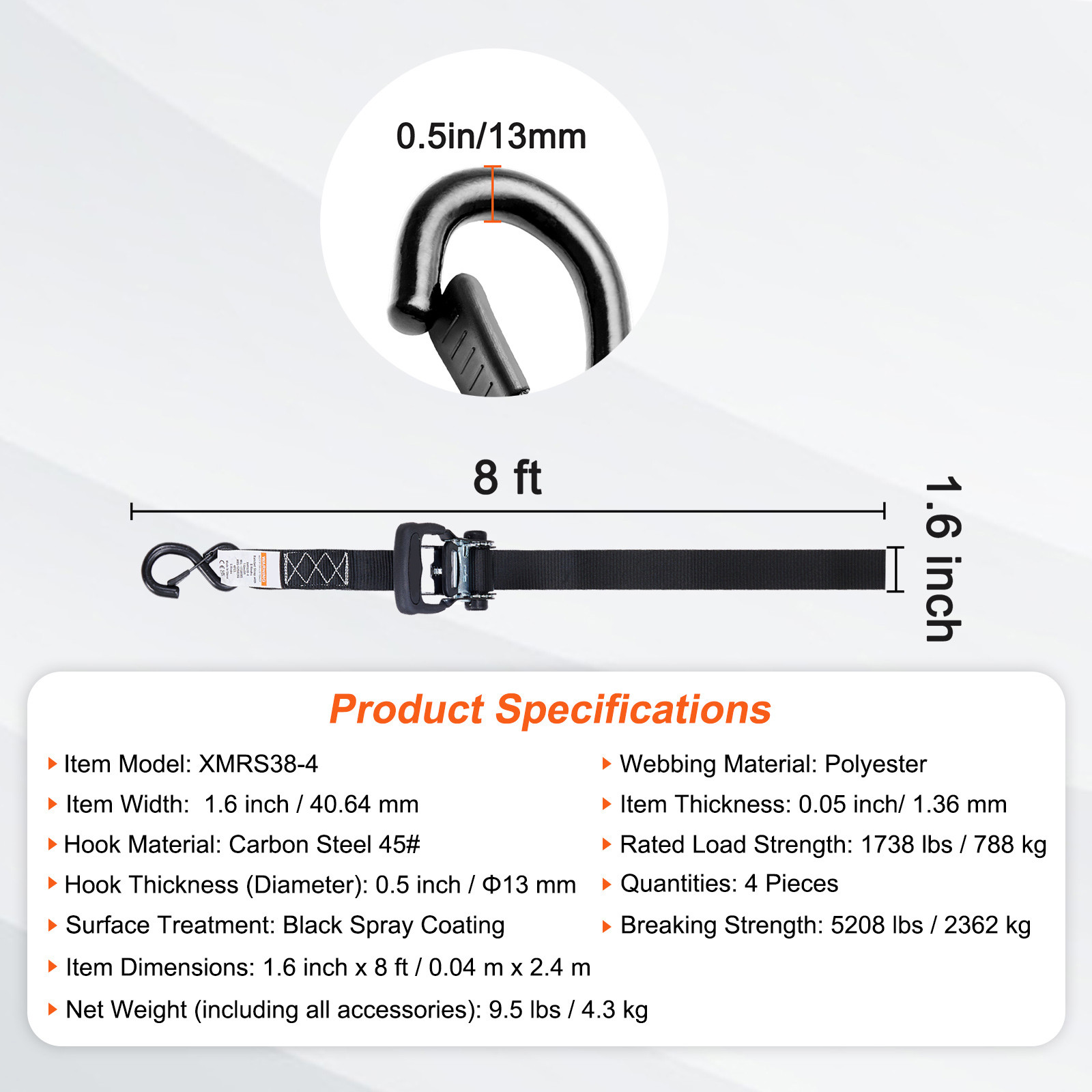 4 Pack Ratchet Tie Down Straps 5208 lbs 1.6" x 8' Heavy Duty for Cargo