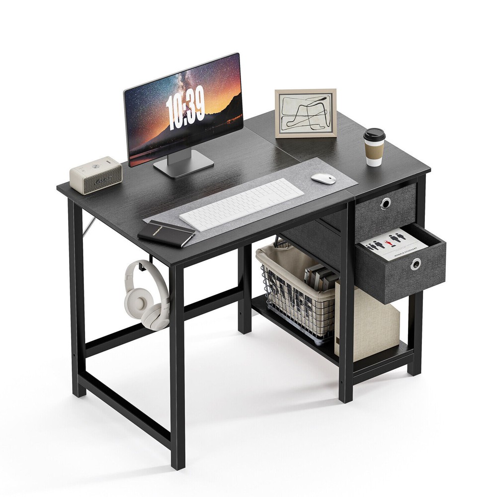 Office Study Table with Side Hook and 2 Storage Drawers - 40/47in Computer Desk