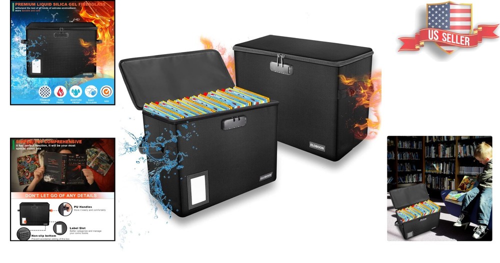 2-Pack Fireproof & Water-Resistant Comic Book Boxes with Lock & Labels, Black