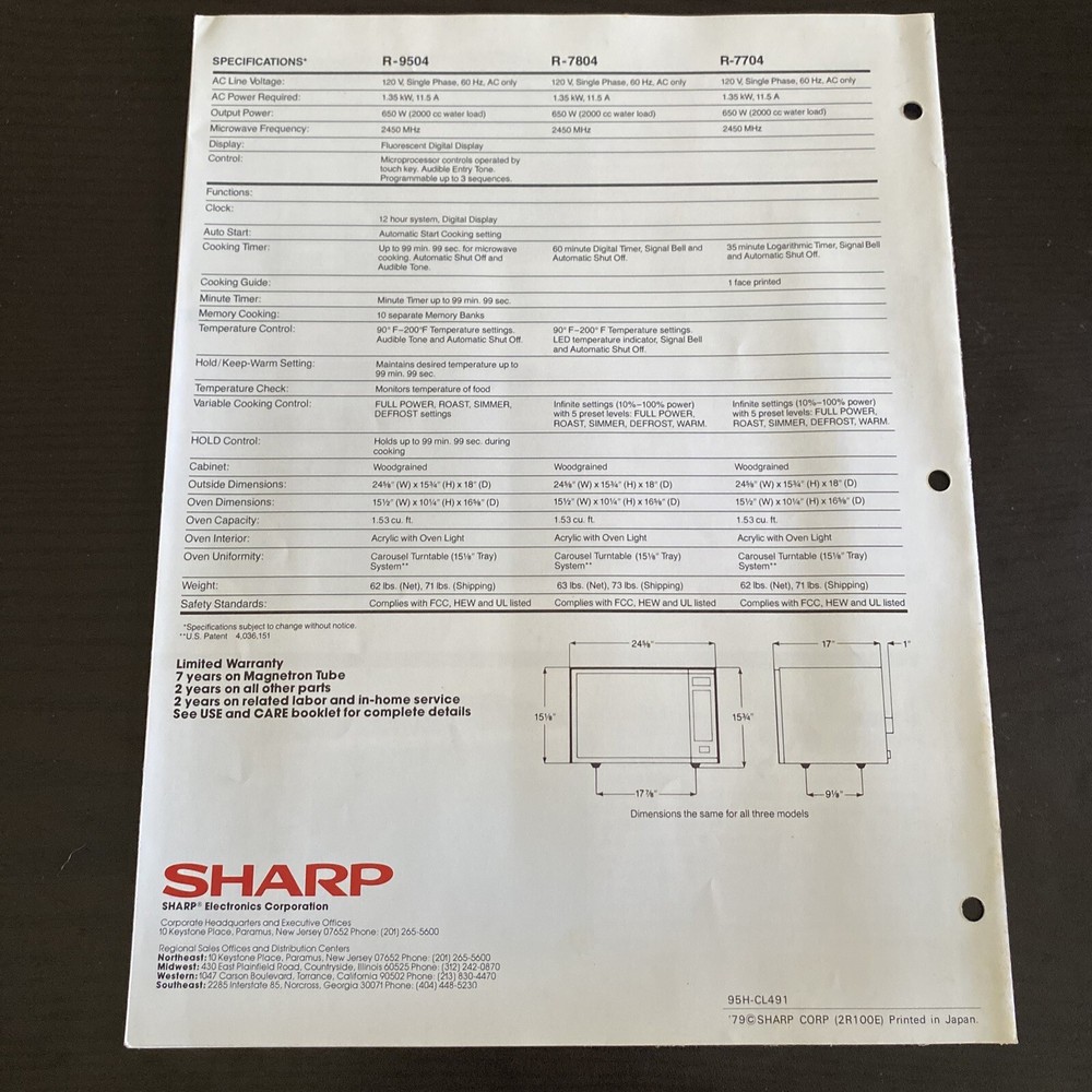 Vintage Sharp Microwave Ad Pamphlet Specifications Electronics