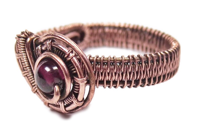 Garnet Adjustable Ring, Woven in Copper Wire