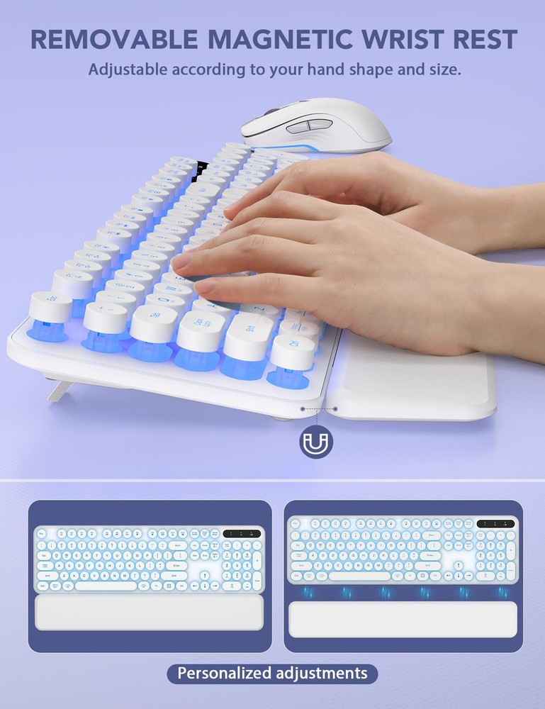 Wireless Keyboard and Mouse Backlit Typewriter Keyboard with Retro Round Key...