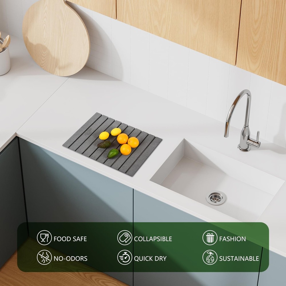 Stone Drying Mat for Kitchen Counter, Large Dark Gray Foldable Diatomaceous E...