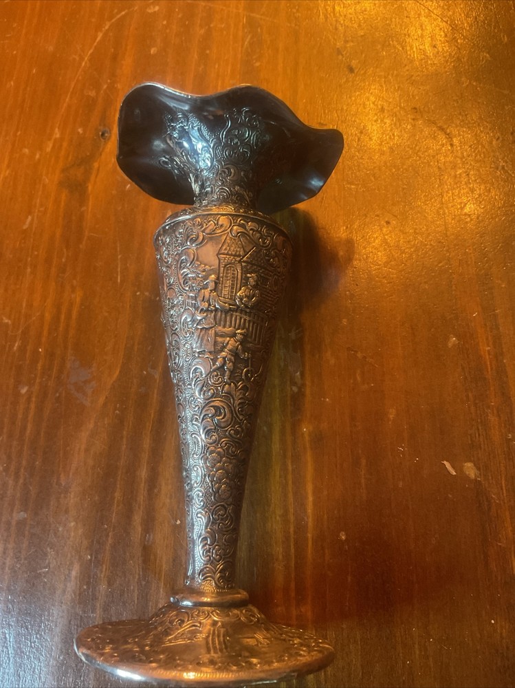 ANTIQUE ENGLISH REPOUSSE Dutch Scenes  SILVER PLATE Small Vase