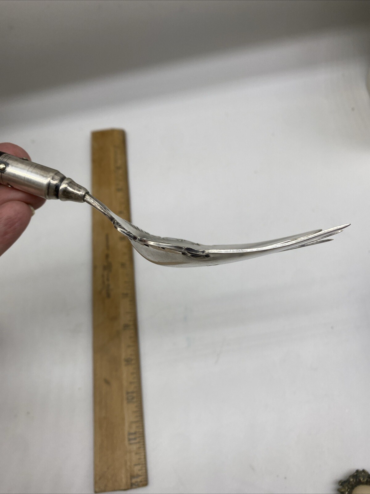 Antique Large Victorian Ornate Silver Serving Fork Wooden Handle 12"