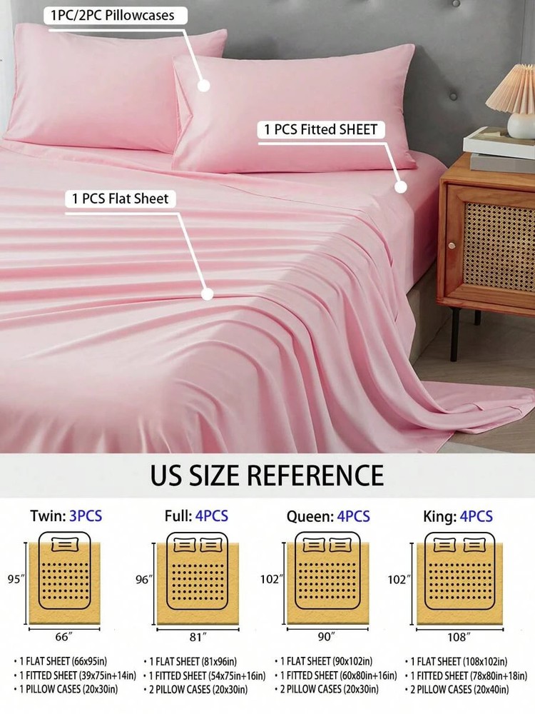 3/4 Piece Bed Sheet Soft Cooling Comfortable Breathable Bedding, Pink