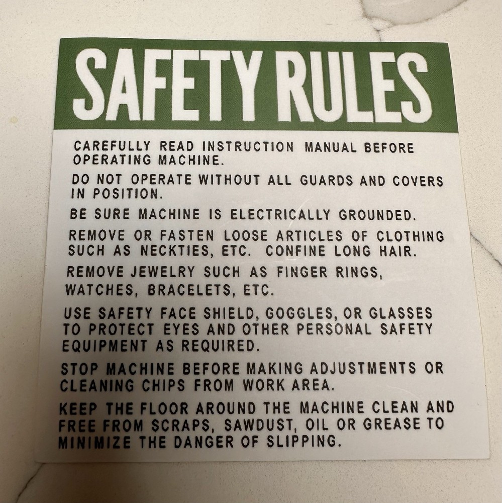 Powermatic Safety Rules Sticker