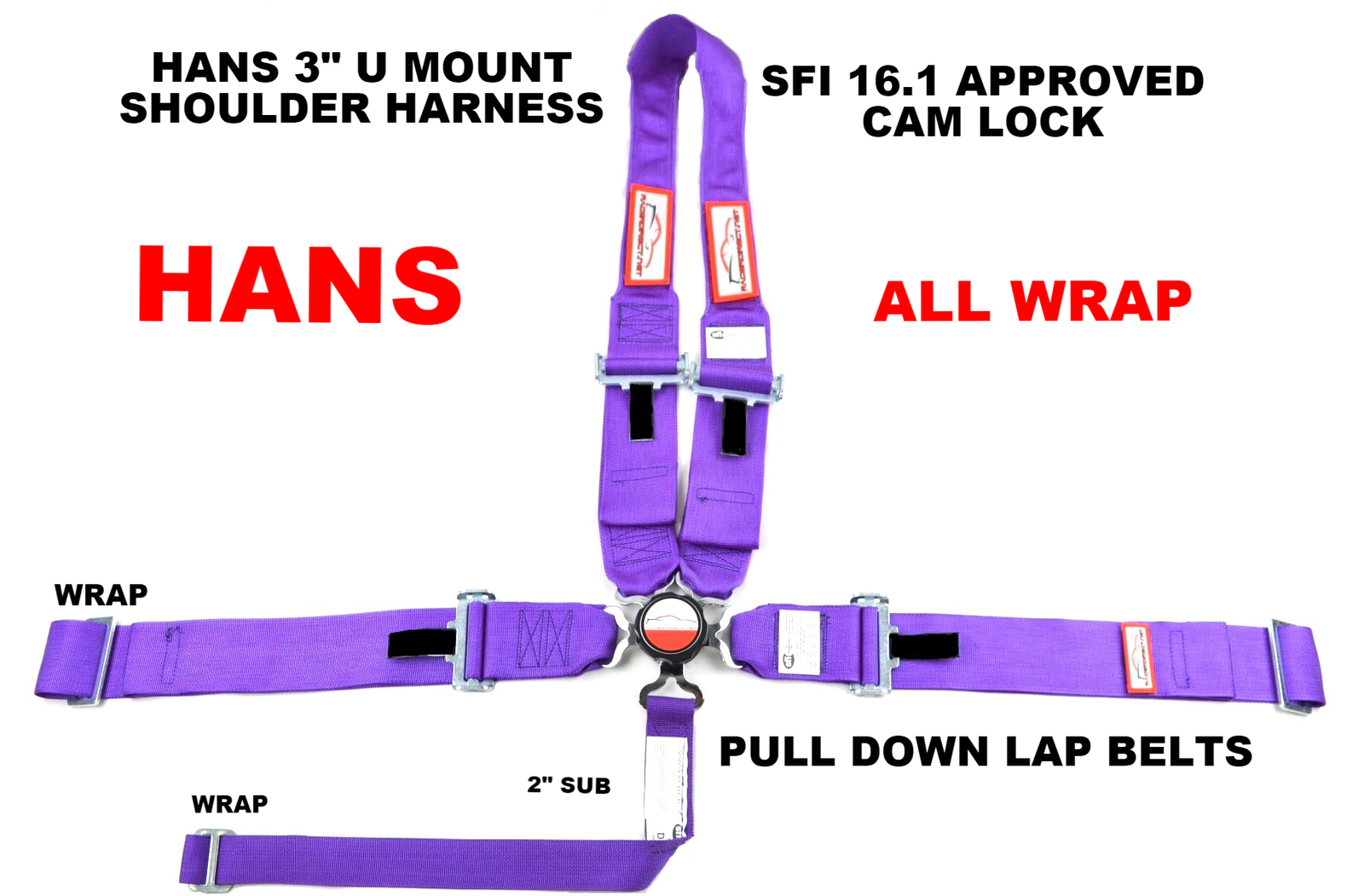 DRAGSTER U HARNESS ALL WRAP BELT SFI 16.1 5 POINT 3" CAM LOCK SEAT BELT PURPLE