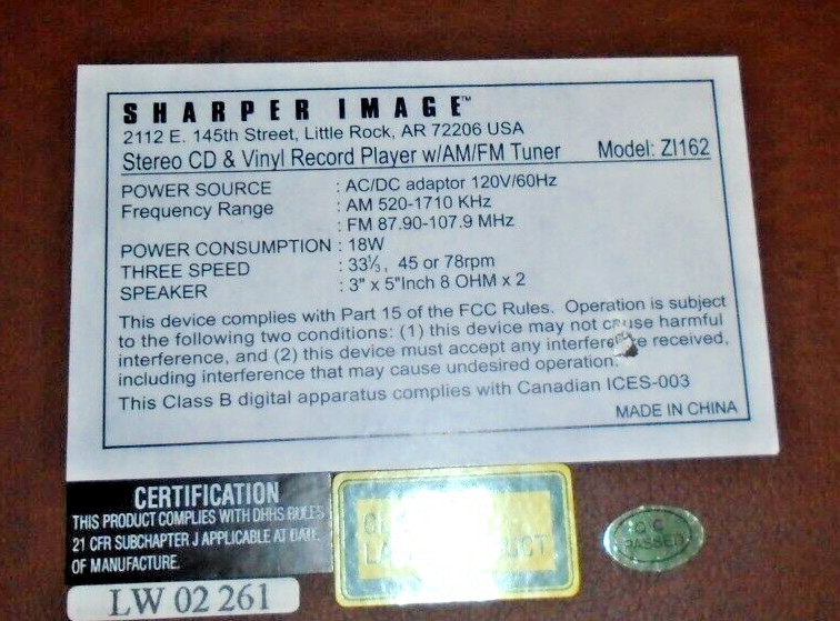 Sharper Image-Stereo CD/VinyI Player Mod. ZI162 Pre Owned Tested & Functional