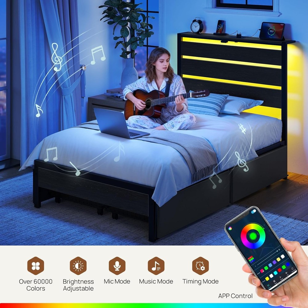 Twin Bed Frame with 4 Drawers LED Lights Charging