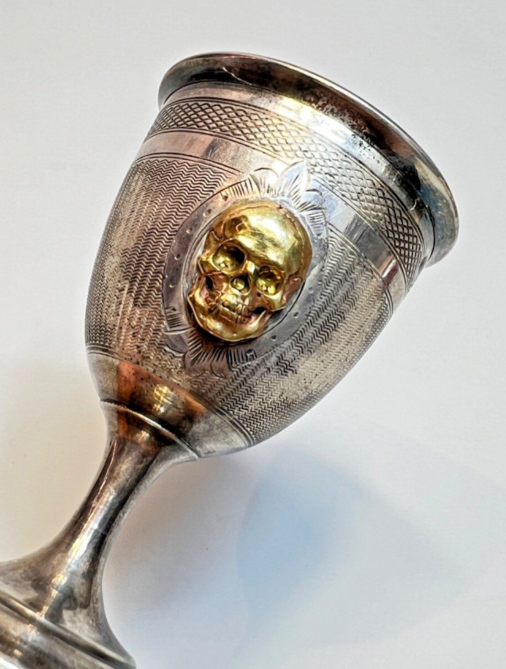 19c.Victorian French Silver Cup Skull Memento Mori Medicine Drug Poison Goblet