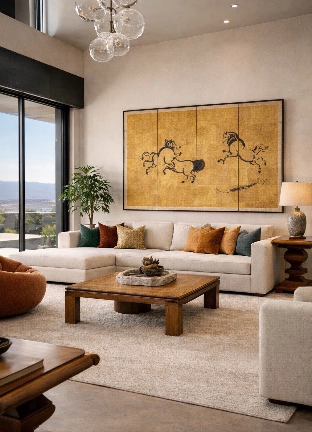 Byobu Horse Art Folding Screen Asian Ink Painted Spirited Horses 4 Panel