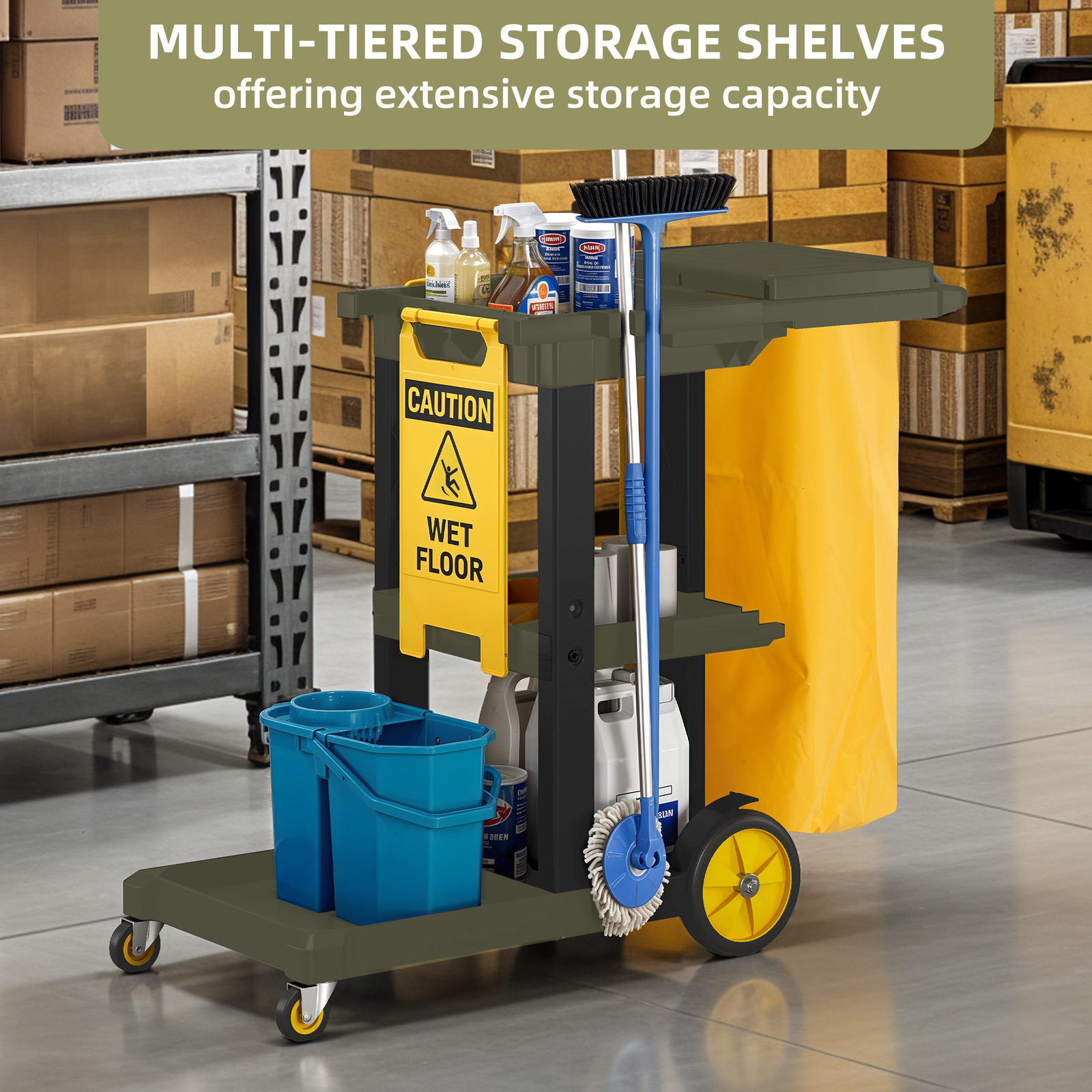 Industrial Janitorial Utility Cart 3 Shelf Rolling Cleaning Cart with Trash Bags