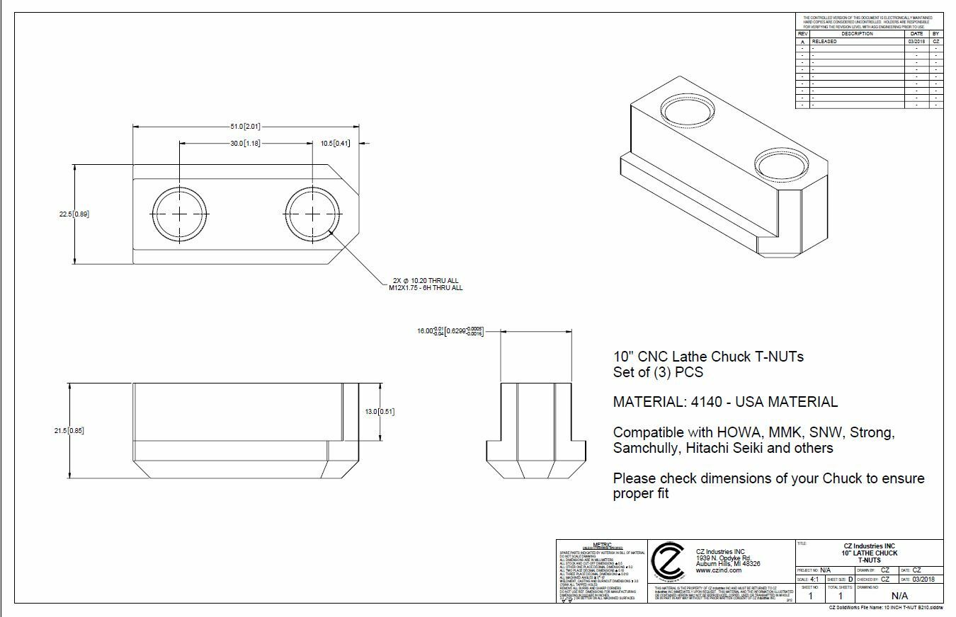 CZ 10" JAWS T-NUT 3 PCS FOR B-210 SAMCHULLY KITAGAWA LATHE CHUCKS 4140
