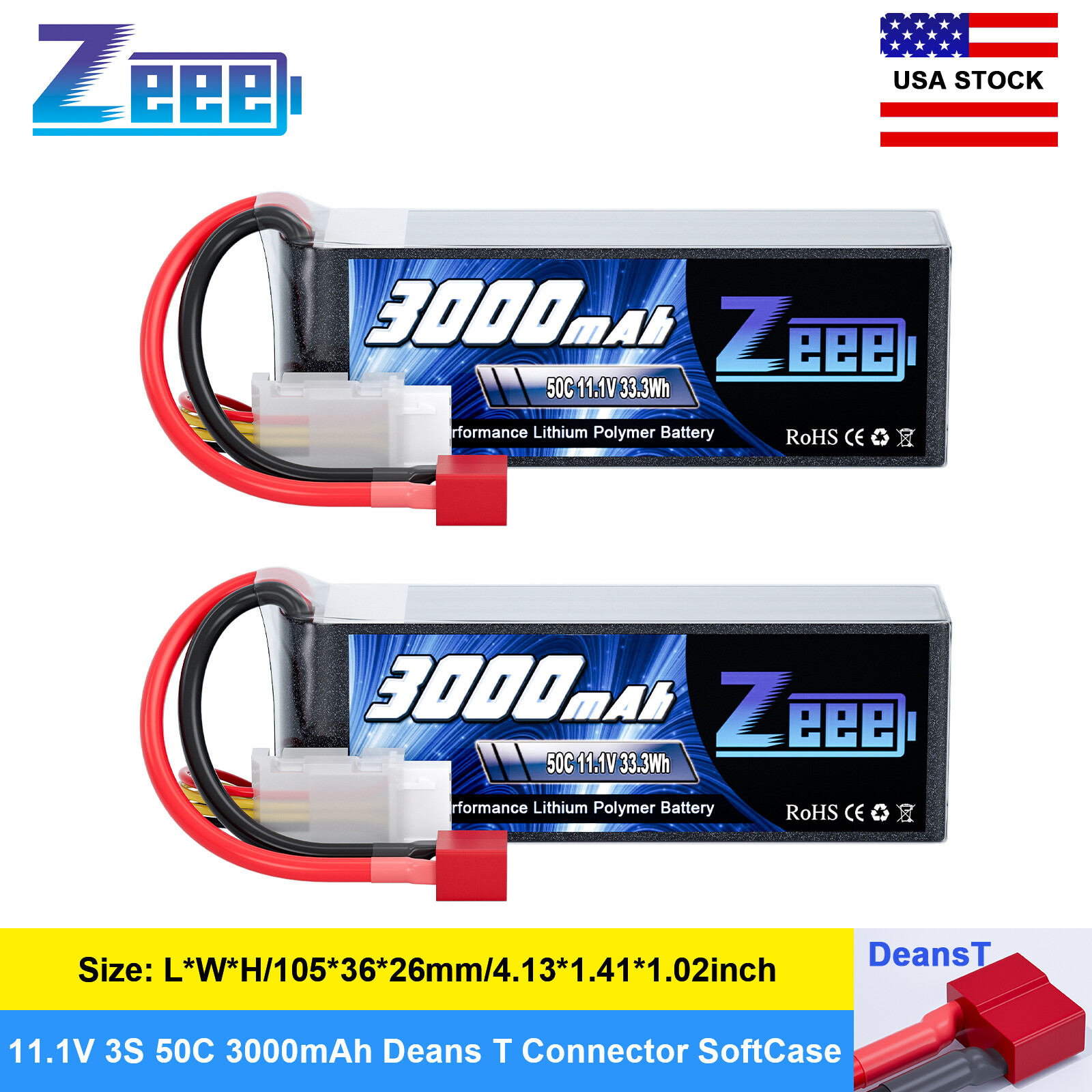 2x Zeee 11.1V 50C 3S Lipo Battery 3000mAh Deans T for RC Airplane UAV Drone Car