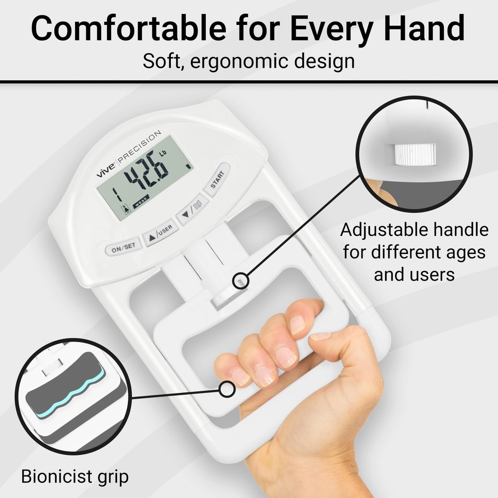 Vive Precision Grip Strength Tester - Hand Dynamometer - Handheld White