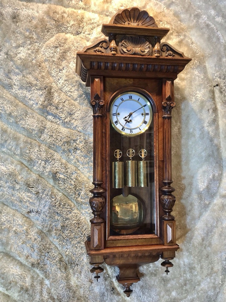 Rare Small Size,Antique Germany Wall Strike Clock,3 Brass Weights,walnut Case,