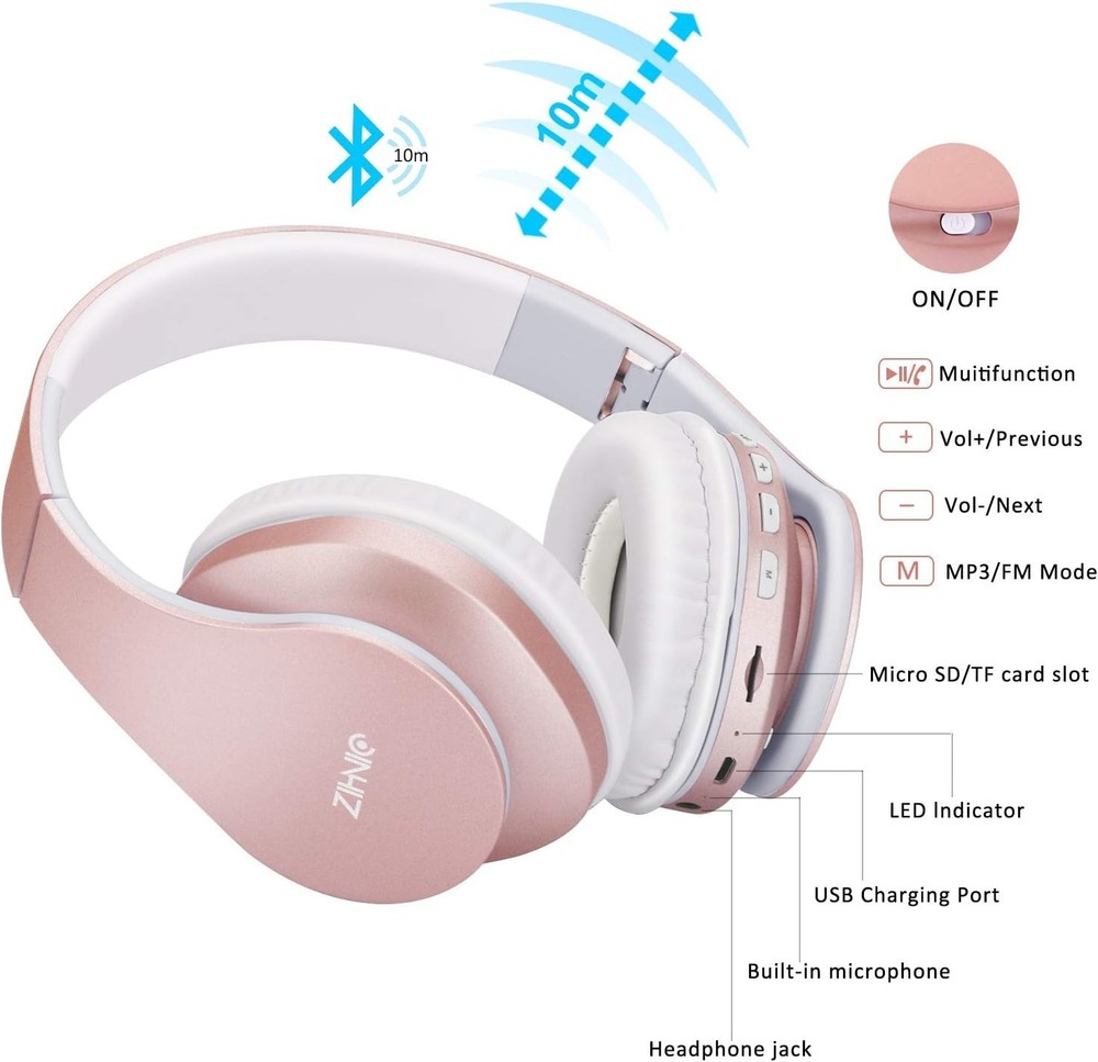 Over-Ear Bluetooth Headphones - Foldable Wireless Hi-Fi Stereo in Rose Gold