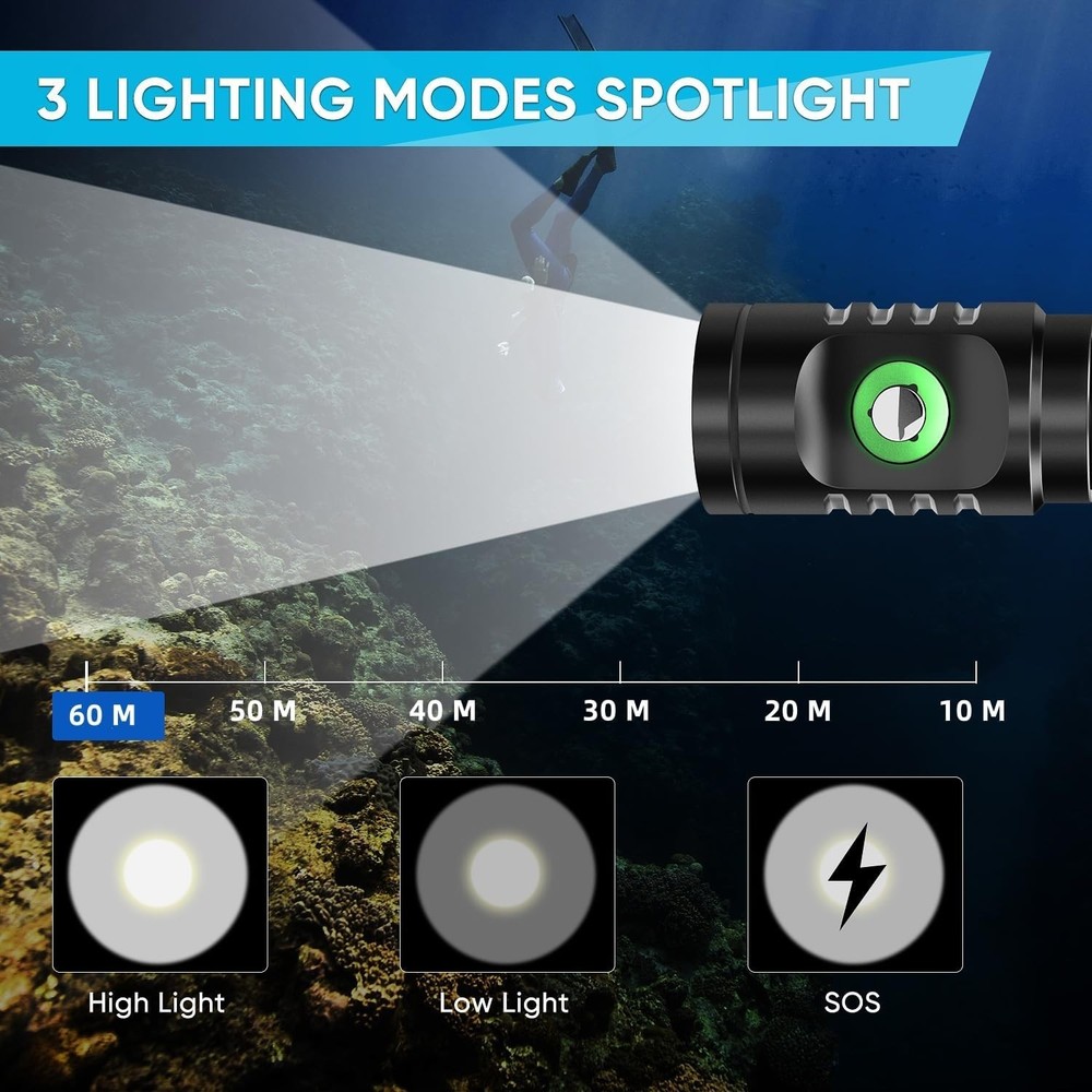 Durable Underwater Flashlight with Battery Indicator - Ideal for Night Diving