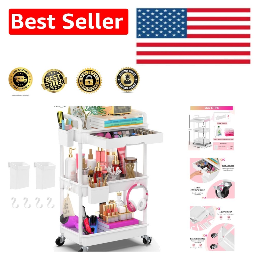 Maximize Storage: 3-Tier Rolling Organizer Cart with Dustproof Drawer & Wheels