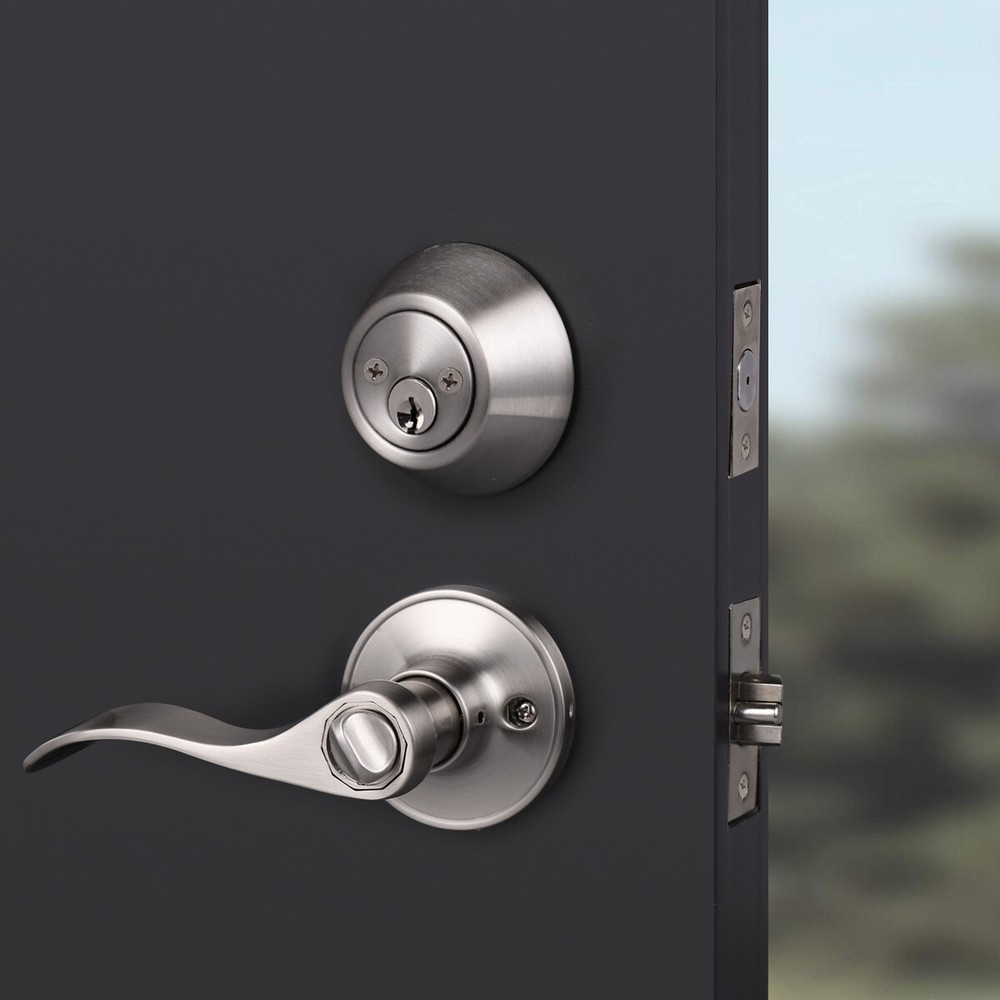 Probrico 3Pack Entry Door Handle Lock Set Wave Lever Keyed Alike Single Deadbolt