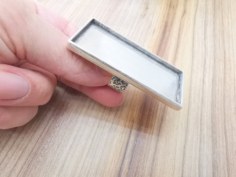 Large Rectangle Ring Blank Settings Cabochon Mounting, Adjustable Antique Silver