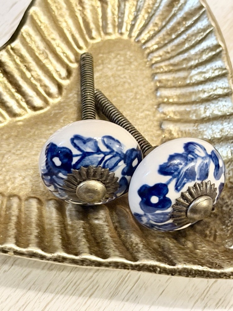 2 White Blue Antique Ceramic Porcelain Brass Drawer Cabinet Knobs Pulls 1.25"