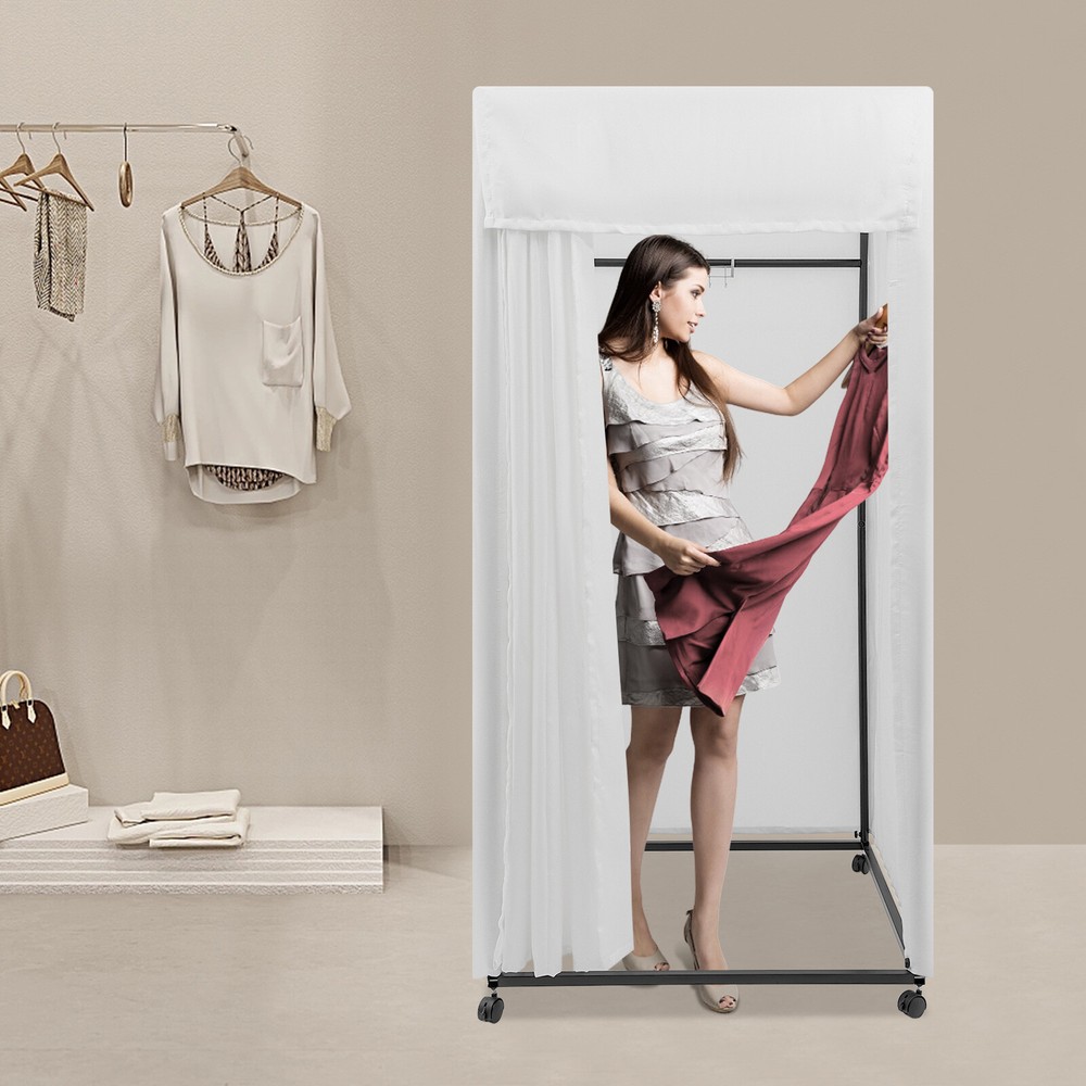 Portable Rectangular Dressing Room 4-Wheels Freestanding Movable Fitting Room