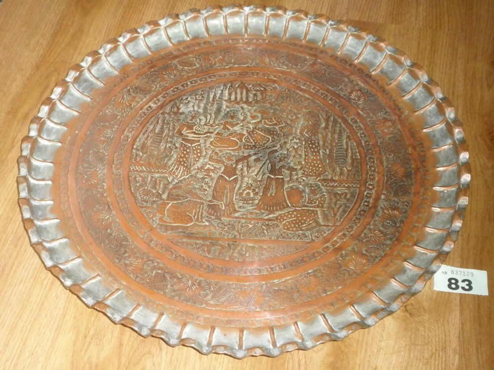 ANTIQUE COPPER TRAY INDIA DANCERS