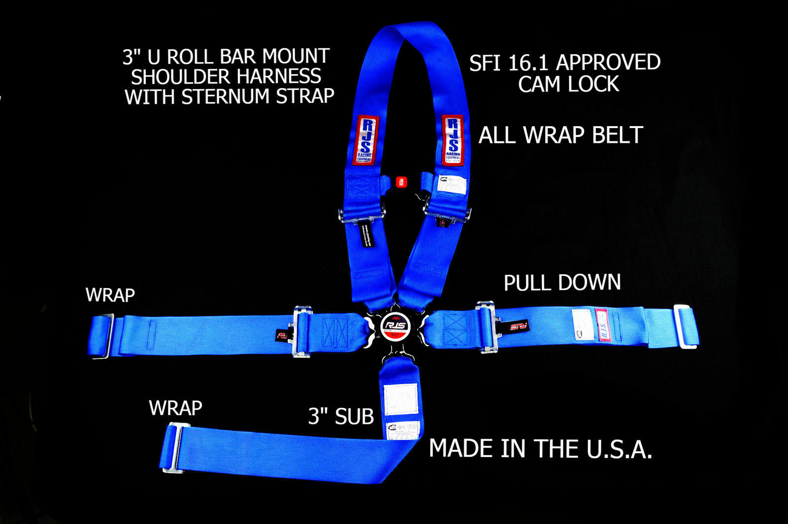 RJS SFI 16.1 5PT CAM LOCK U WRAP ROLL BAR MOUNT BELT STERNUM STRAP BLUE 1037503