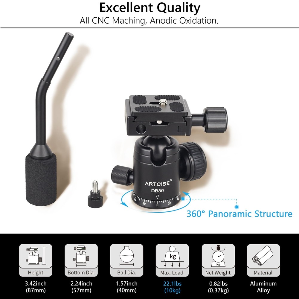 Ball Head with Handle Camera Tripod Ball Head with Two Quick Release Plates a...