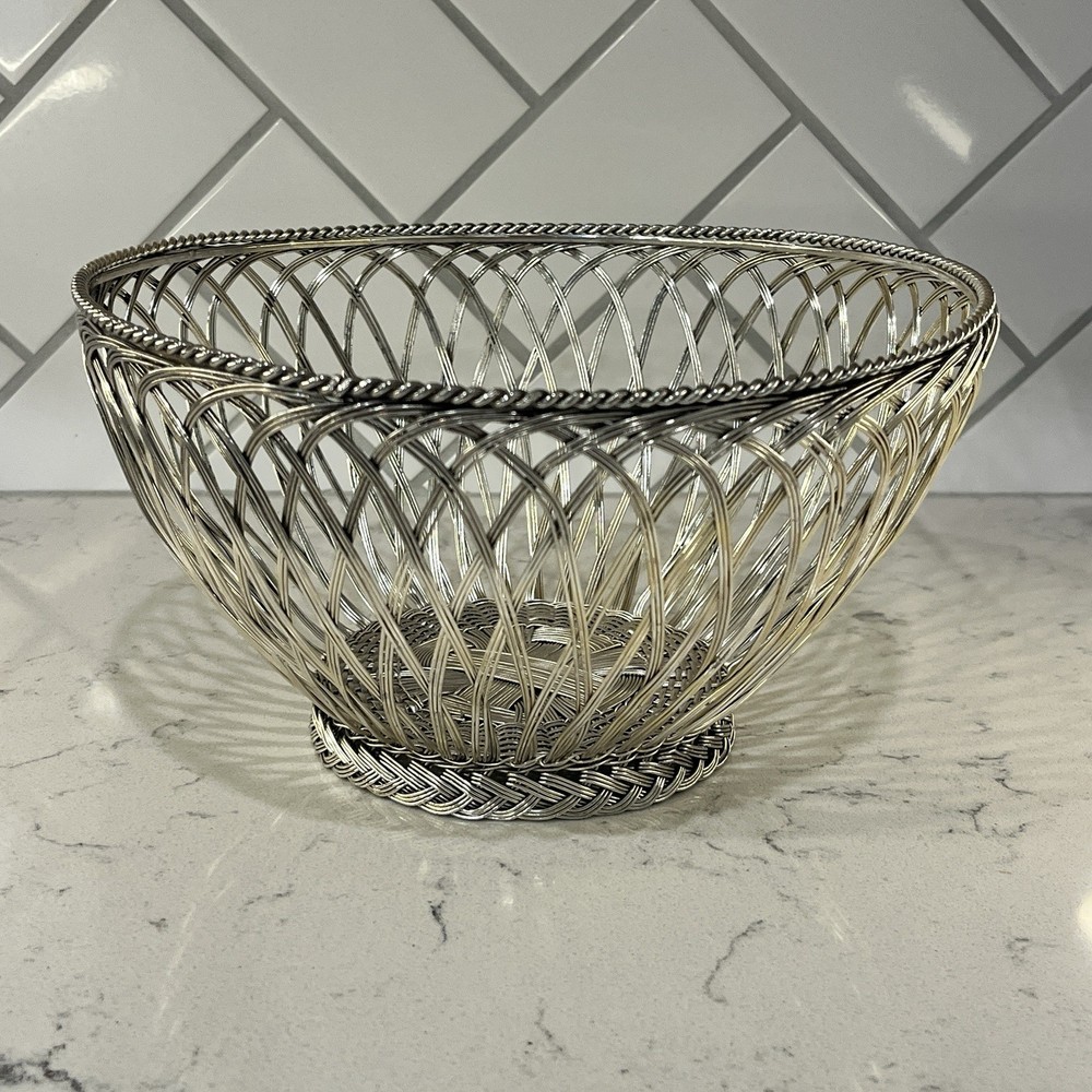 Vintage Silver Woven Wire Basket - MCM Gallia Style Fruit Bread Bowl 80s Decor