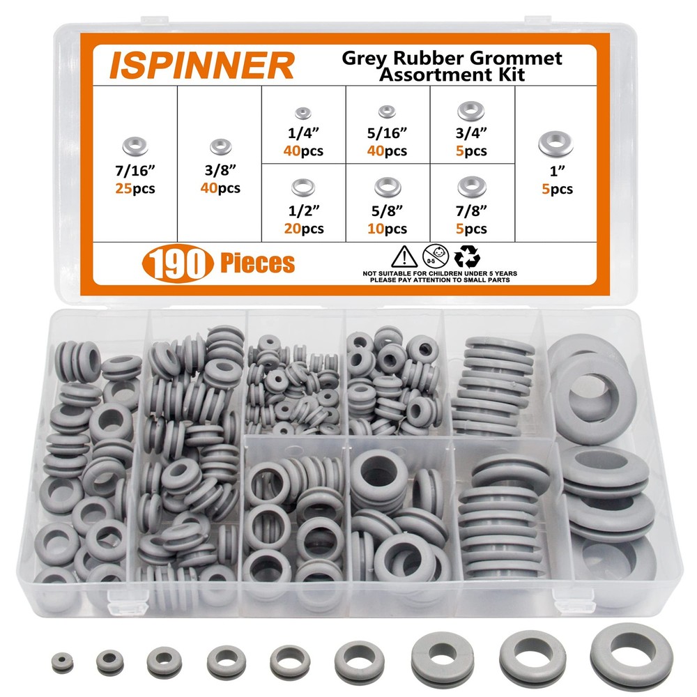 ISPINNER 190pcs Rubber Grommet Assortment Kit, 9 Sizes Eyelet Ring Grey