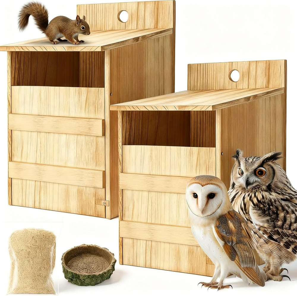 2 Pack Large Wooden Squirrel & Owl House – Outdoor Nesting Box Kit, Easy Assembl