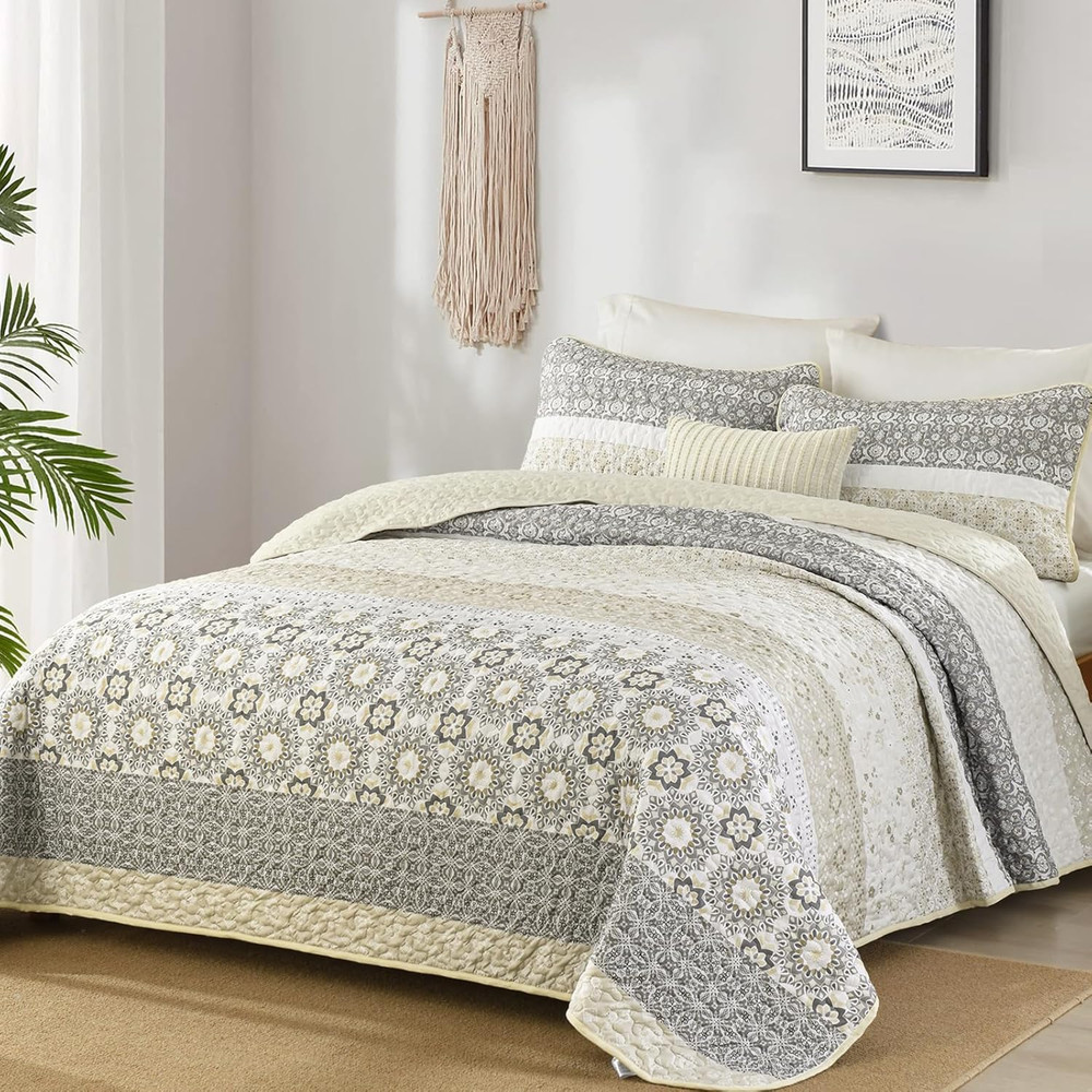 Boho Quilt Set King Size,Beige Bohemian Striped Patchwork Bedspread Set,3 Pieces