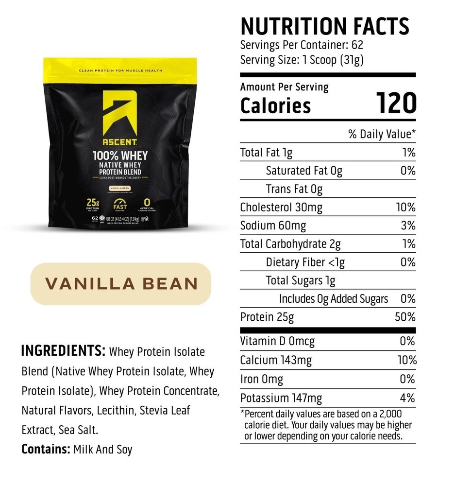 Ascent 100% Whey Protein Vanilla Bean 4.25 Lbs Native Whey Protein