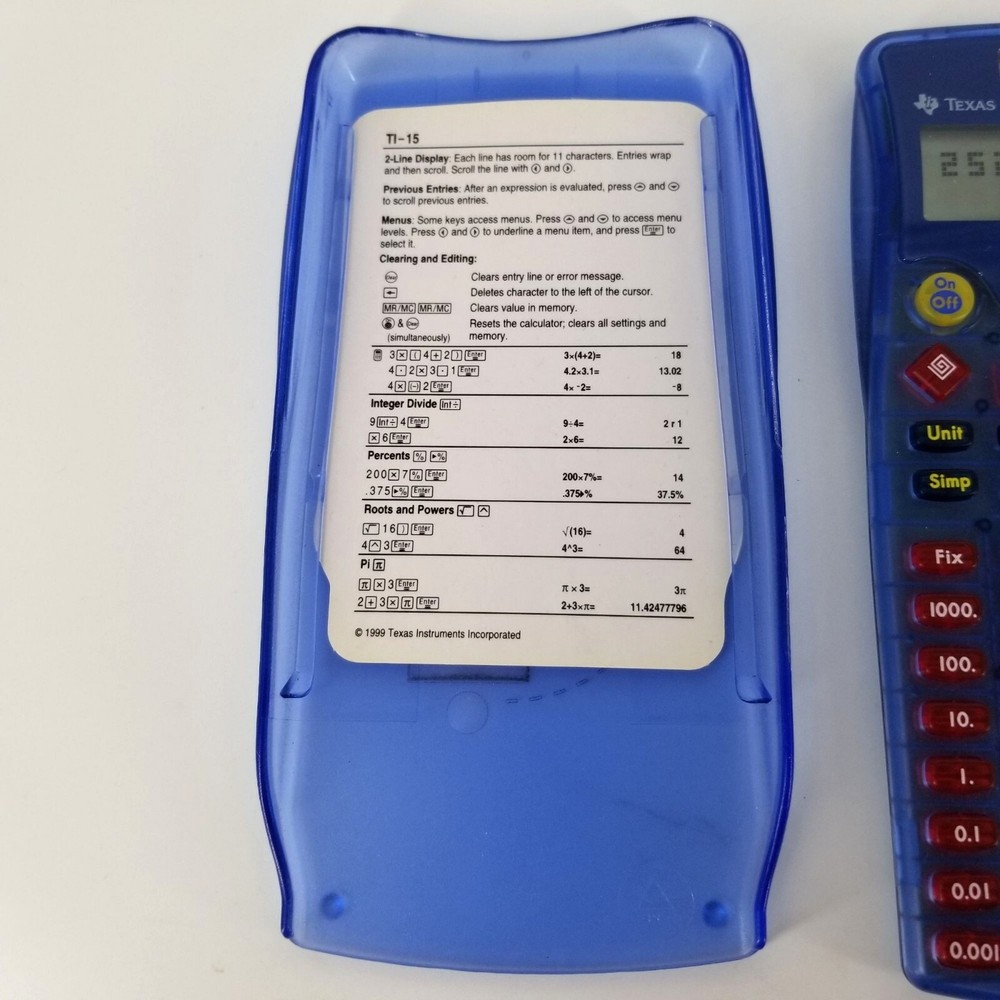 TI - 15 Calculator Elementary School Math Cover Instruction Solar Blue WORKS