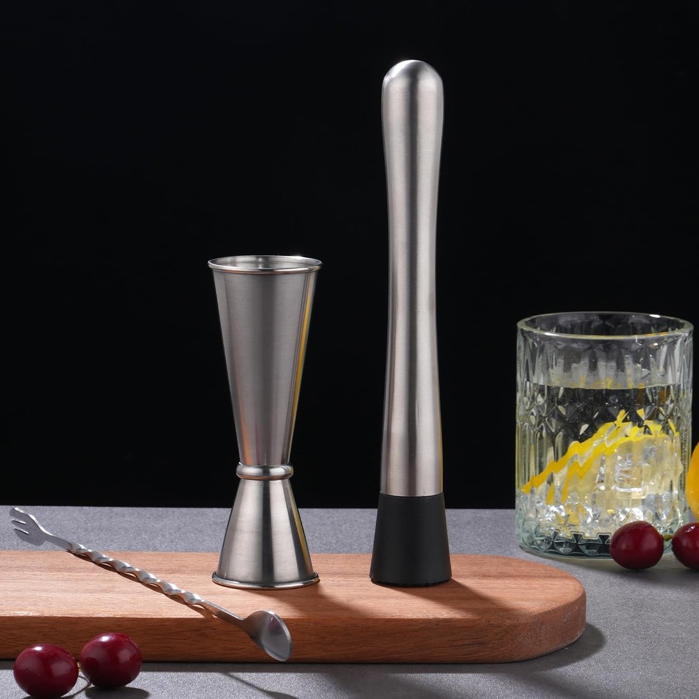 Muddler for Cocktails Set 3 Piece Silver Spoon Jigger Mixing Tools