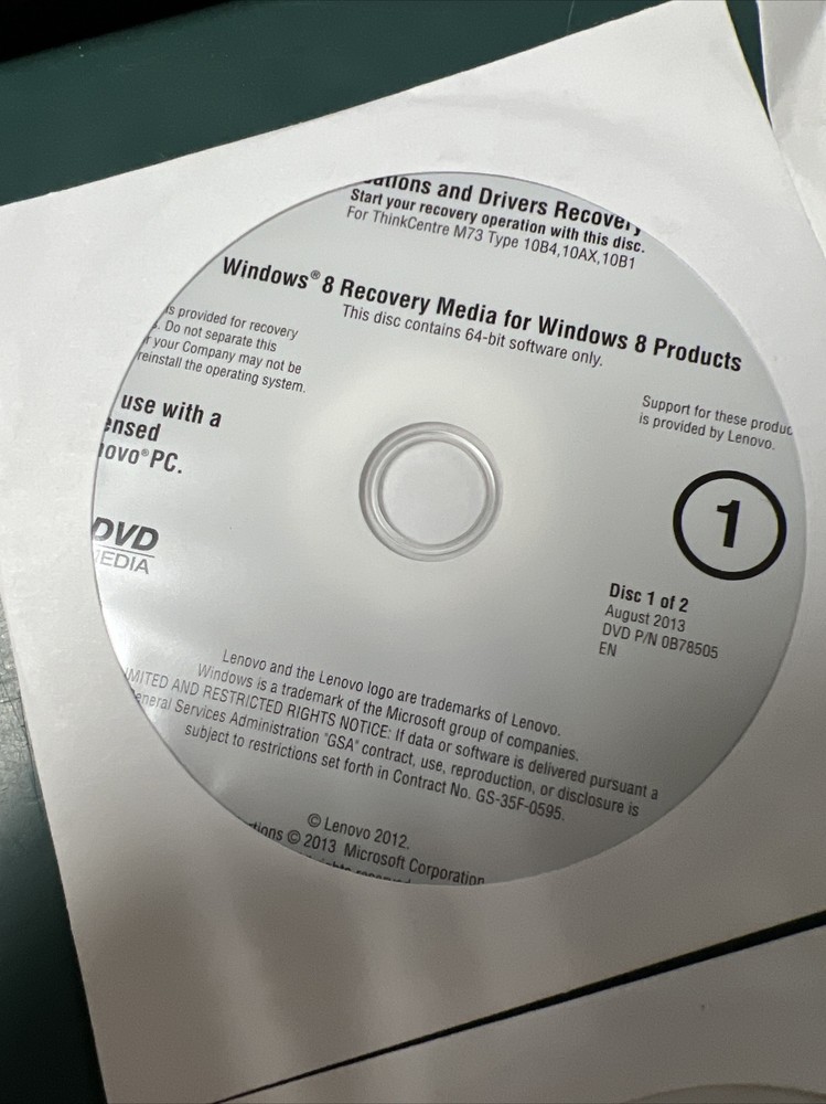 LENOVO WINDOWS 8 PRO OPERATING SYSTEM RECOVERY DISCS / 4-DISC SET