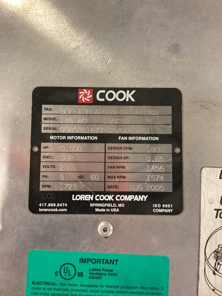 Loren Cook 135 ACE Downblast Roof top Exhaust Fan 1800CFM