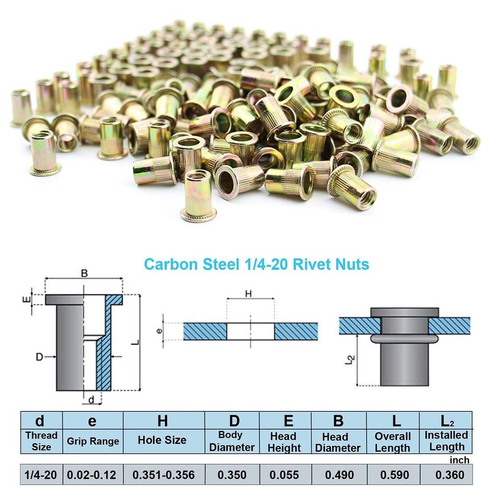 Versatile 1/4"-20 UNC Rivet Nuts 100Pack - Flat Head Knurled Design for Easy Use