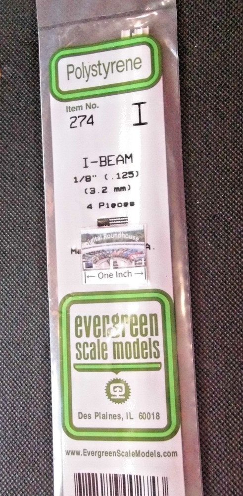 Evergreen Scale Models #274 Styrene I-Beam, 1/8", pkg. 4 - Details Below