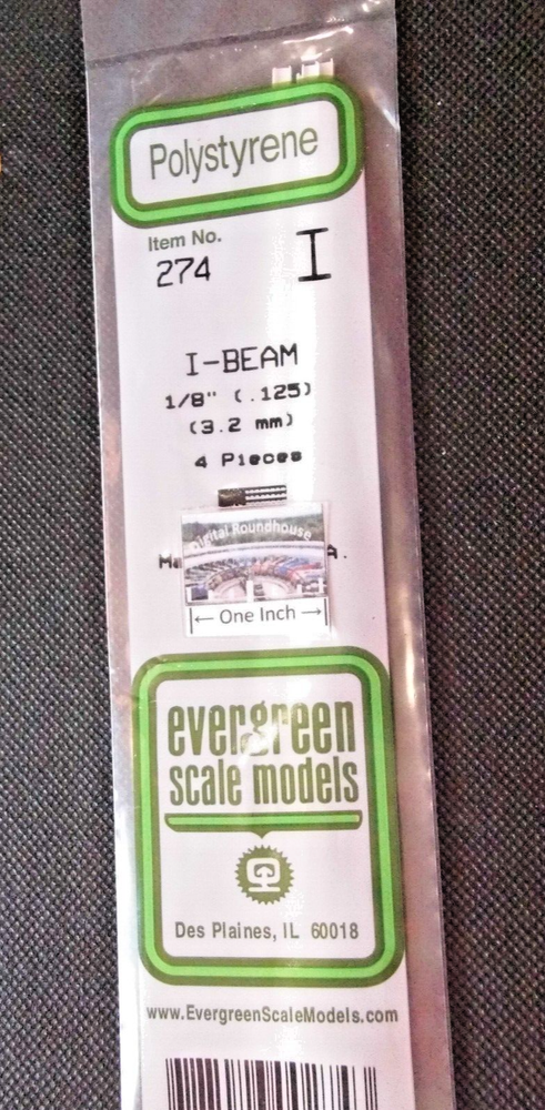 Evergreen Scale Models #274 Styrene I-Beam, 1/8", pkg. 4 - Details Below