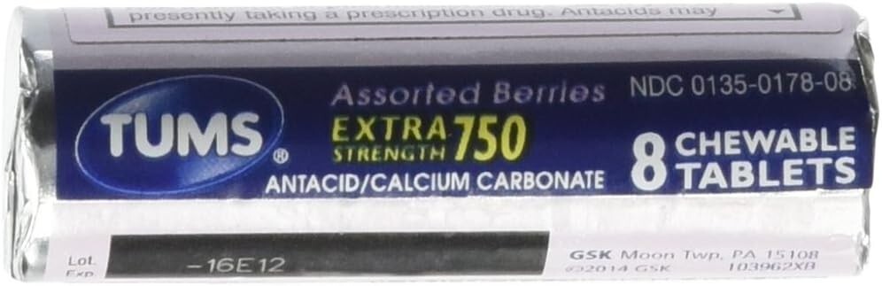 3 Rolls Tums Extra Strength 750 Assorted Berries Antacid Tablets (8 per roll)