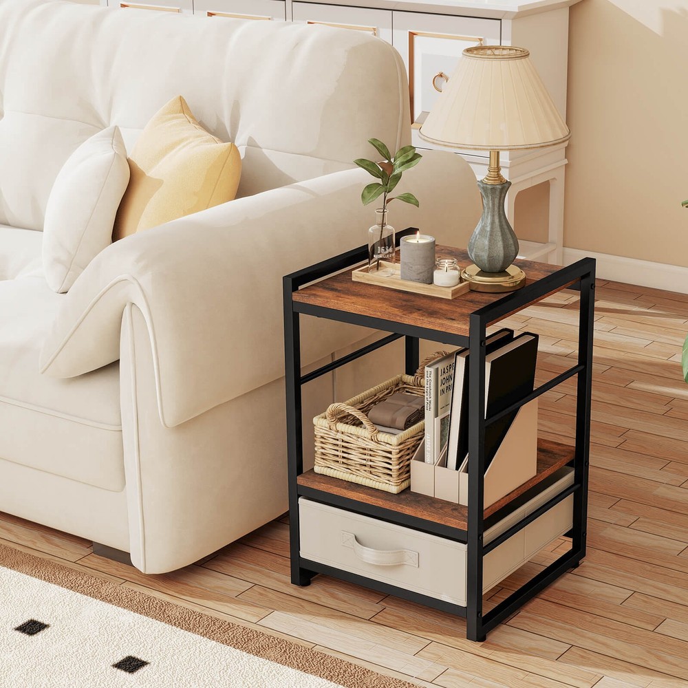2 PCS Nightstand Industrial Bedside Table with Open Storage Shelf & Fabric