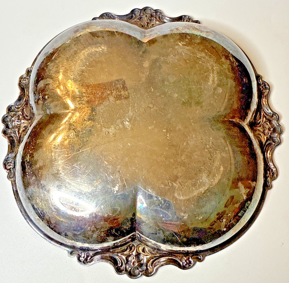 Vintage Silver Plate 4 Leaf Clover Shaped Dish w/Florals 7.25” x 7.25” x 1”