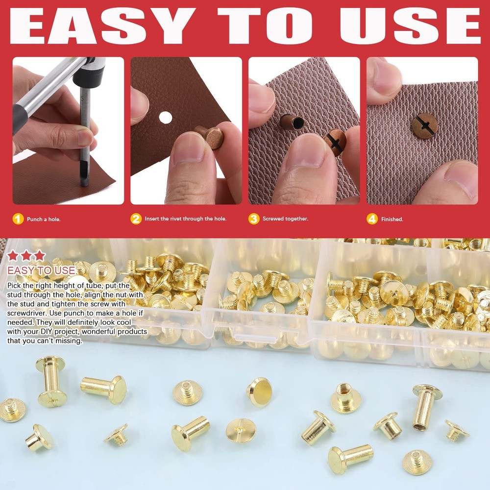 110 Sets Gold Chicago Screws Buttons Flat Head Rivets M5 Assorted Sizes Kit