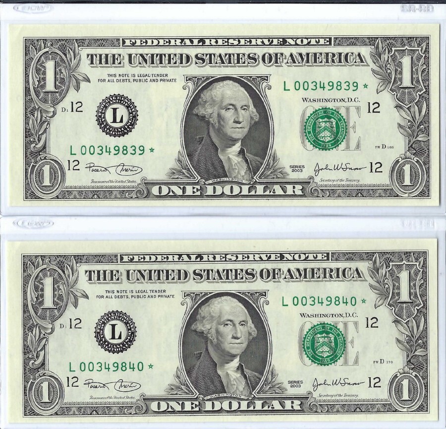 2 consecutive STAR Serial #'s L00349839 * & 40 * - 2003 $1 FRN's - 3 ERRORS EACH